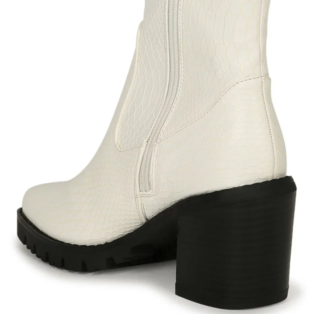 White Chunky Heel Ankle Boots